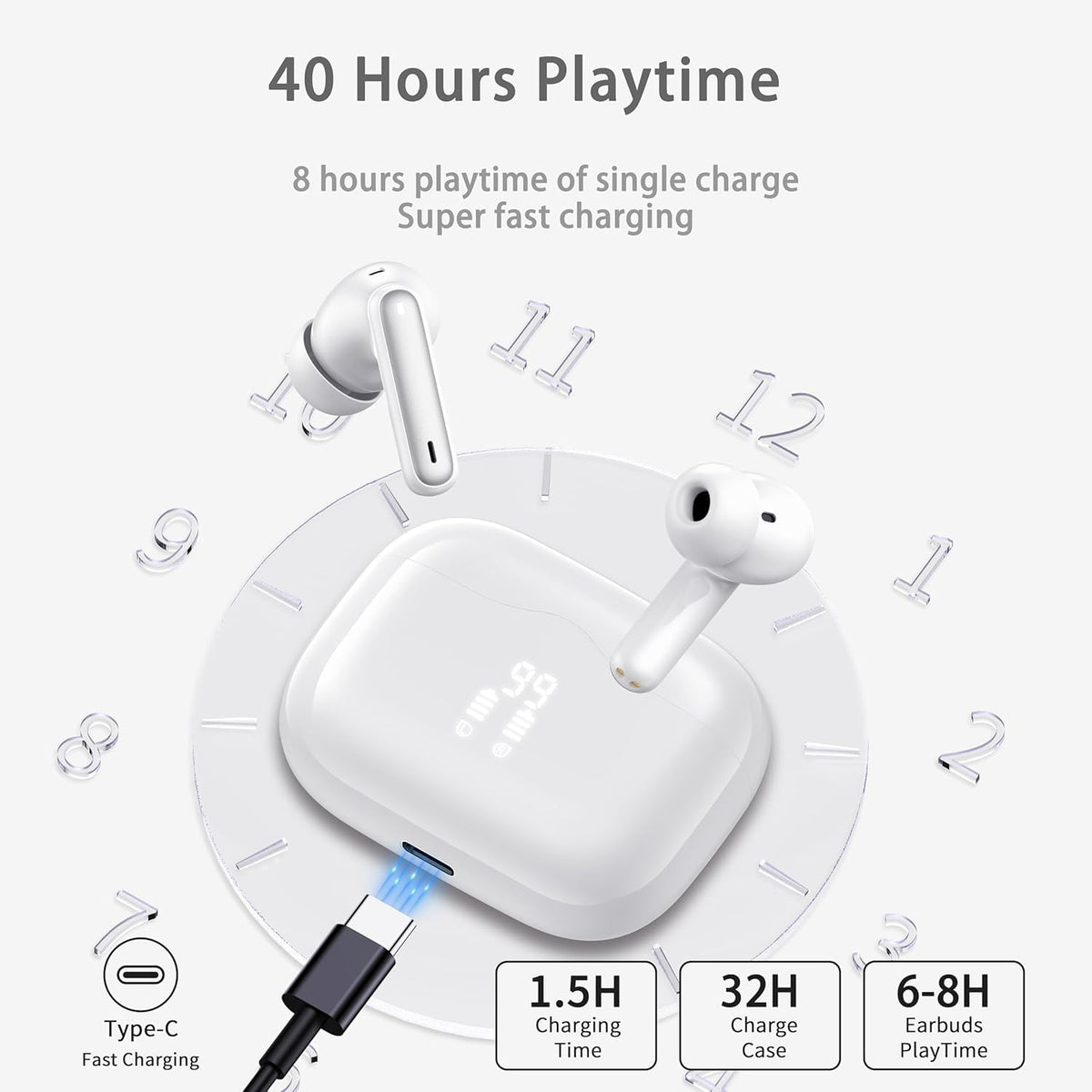 Wireless Earbuds Bluetooth 5.4 Headphones 6D Stereo, 40H In‑Ear Earphones