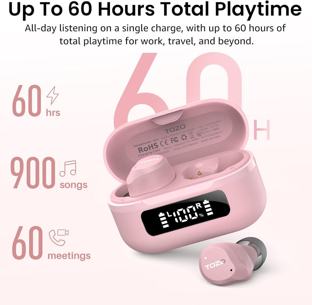 TOZO NC9 Hybrid Active Noise Cancelling Wireless Earbuds, 60H, LED Display