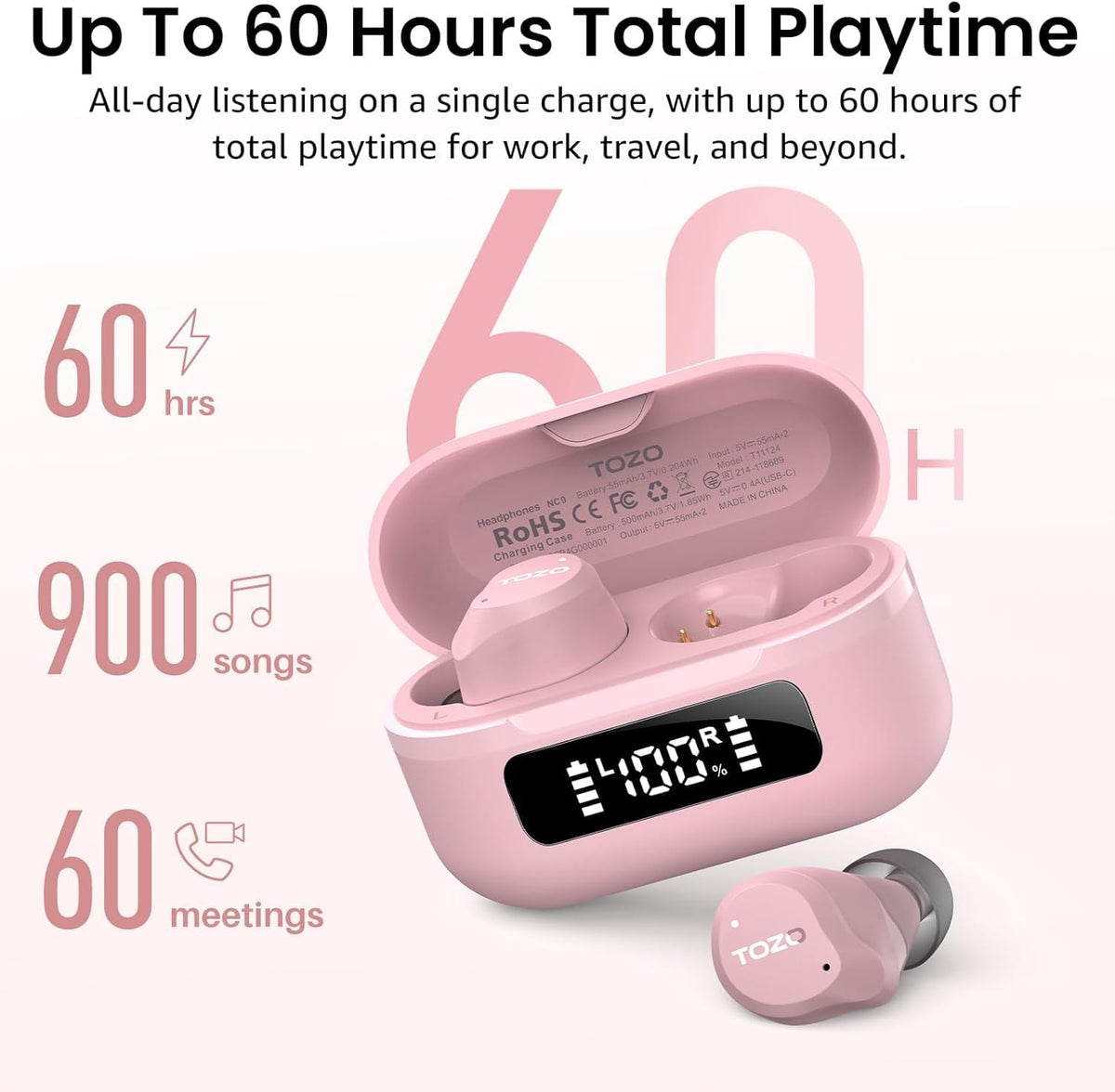 TOZO NC9 Hybrid Active Noise Cancelling Wireless Earbuds, 60H, LED Display
