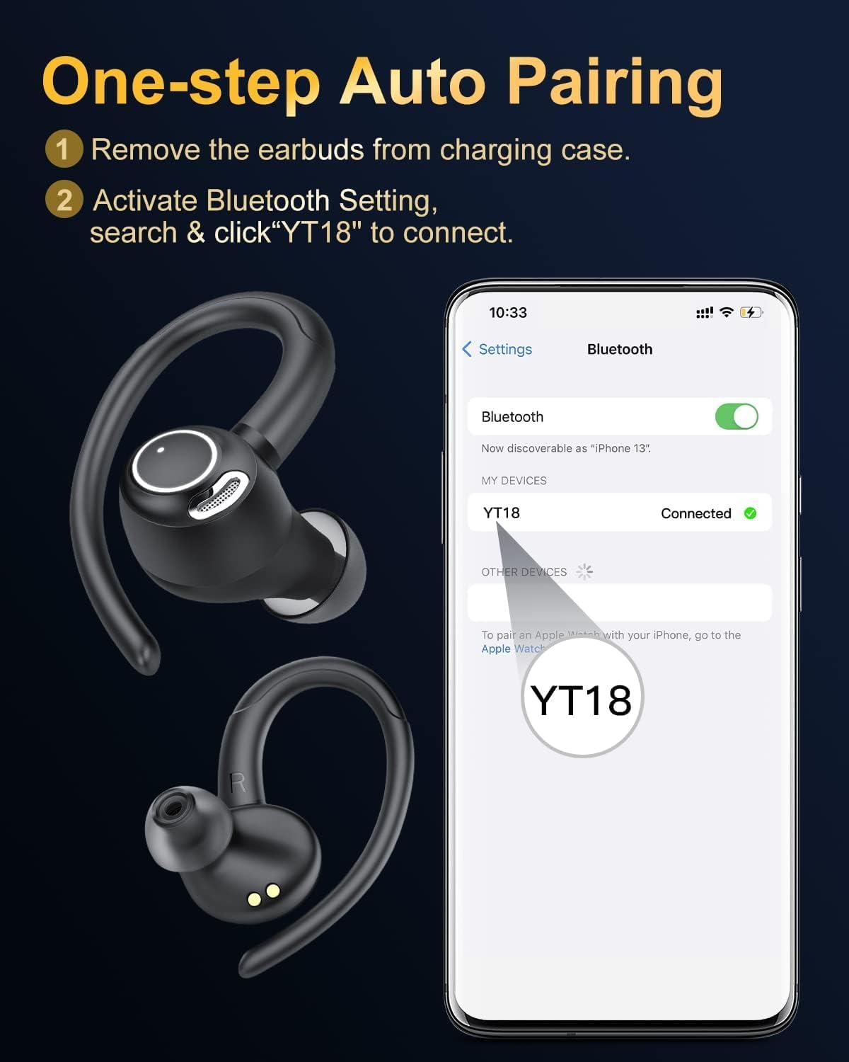 Sports Wireless Earbuds with EarHooks HiFi Stereo Sound with ENC Mic, Black