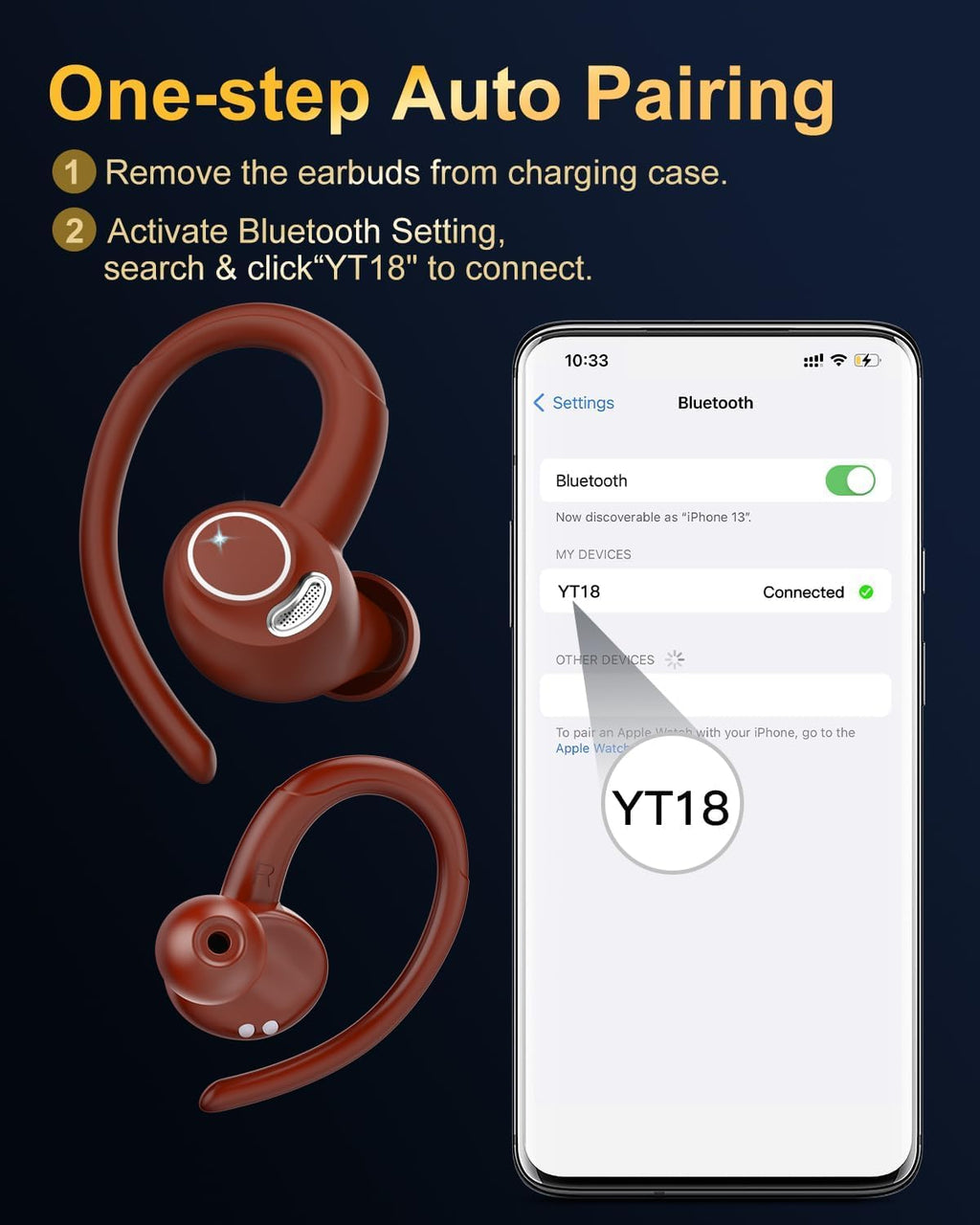 Sports Wireless Earbuds with EarHooks HiFi Stereo Sound with ENC Mic, Black