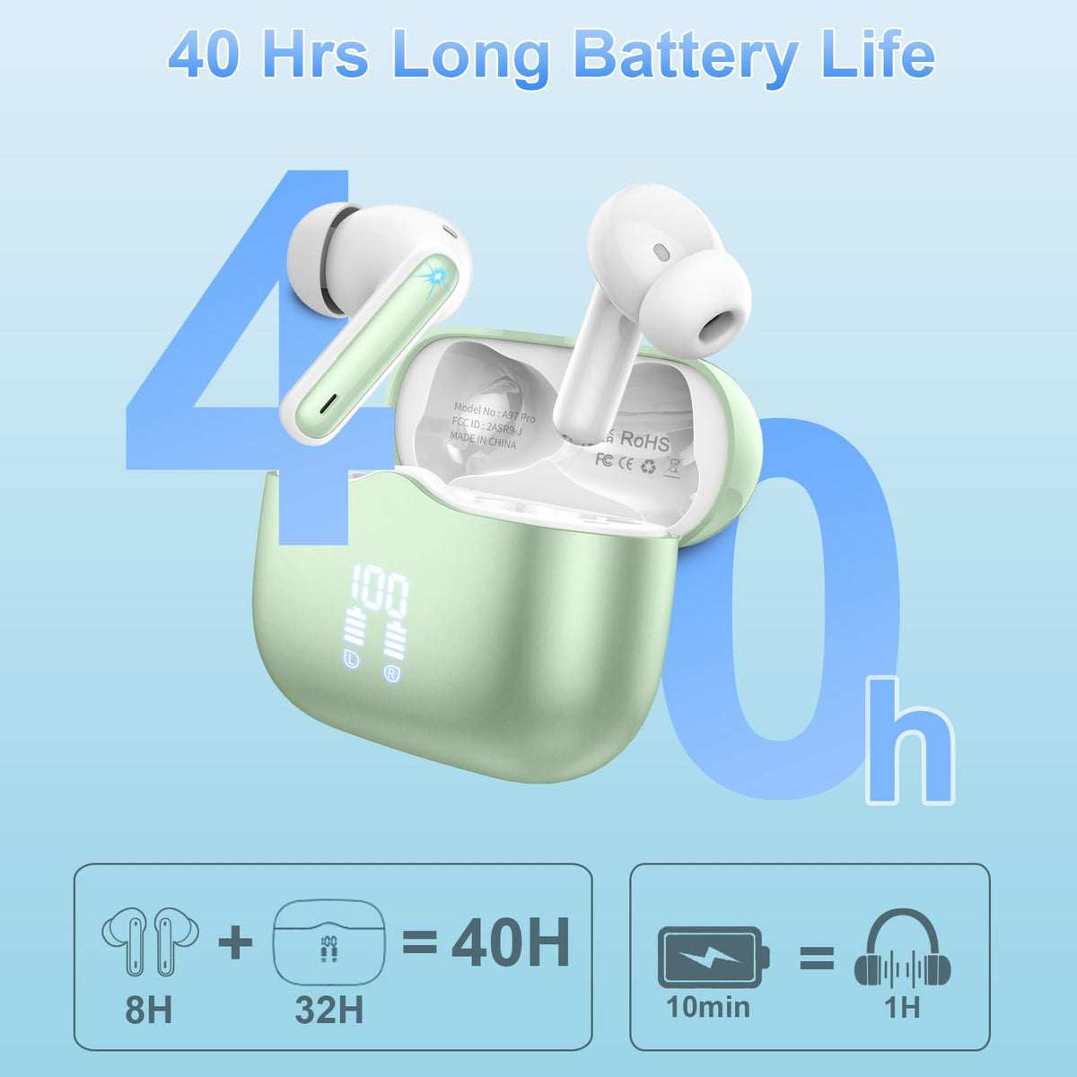 Wireless Earbuds Bluetooth 5.4 Headphones 6D Stereo, 40H In‑Ear Earphones