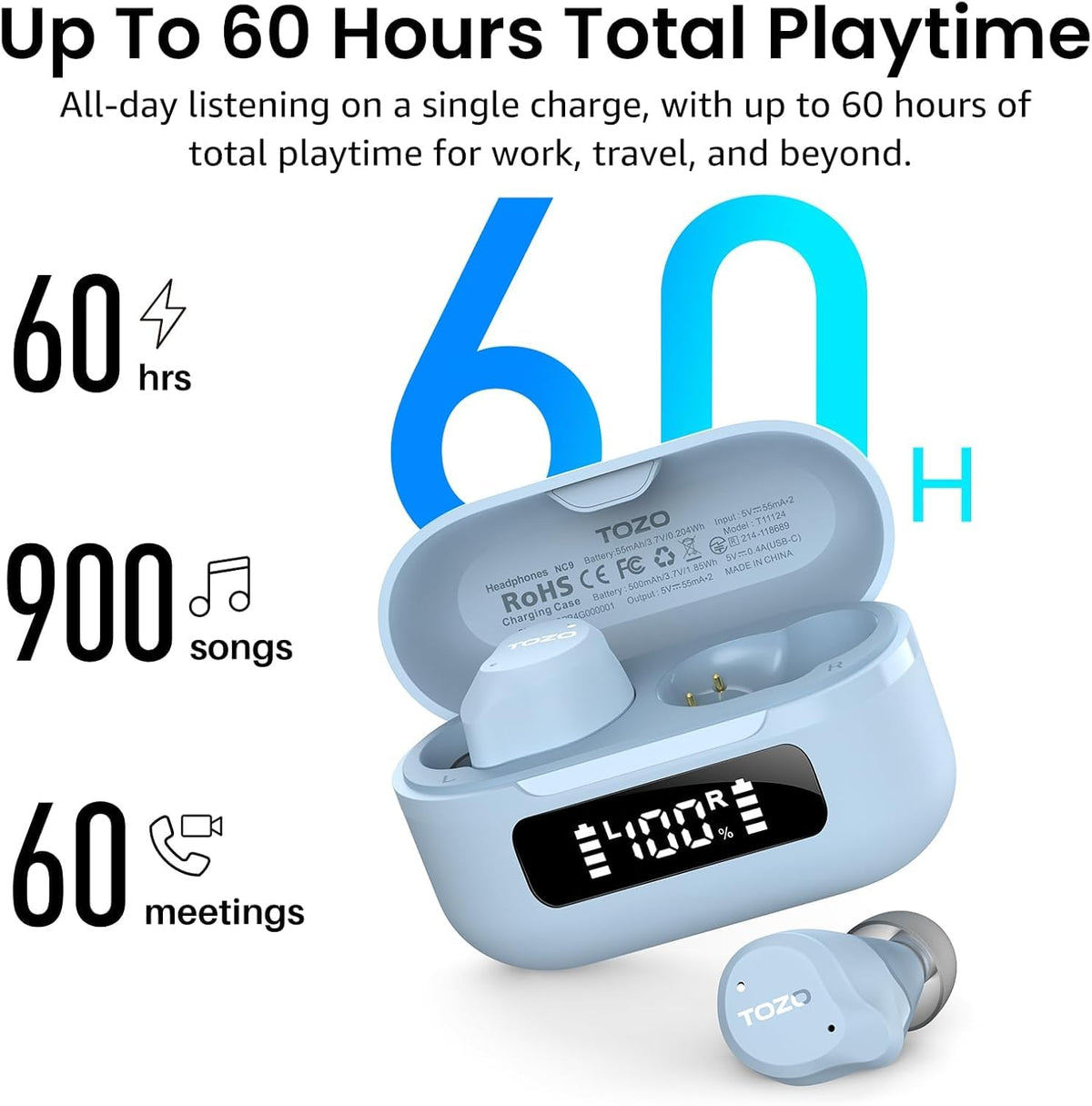 TOZO NC9 Hybrid Active Noise Cancelling Wireless Earbuds, 60H, LED Display