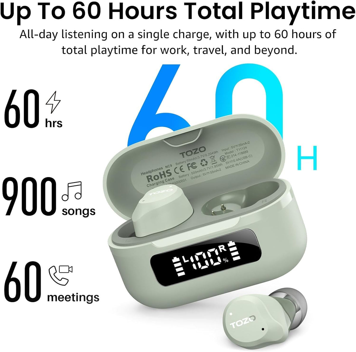 TOZO NC9 Hybrid Active Noise Cancelling Wireless Earbuds, 60H, LED Display