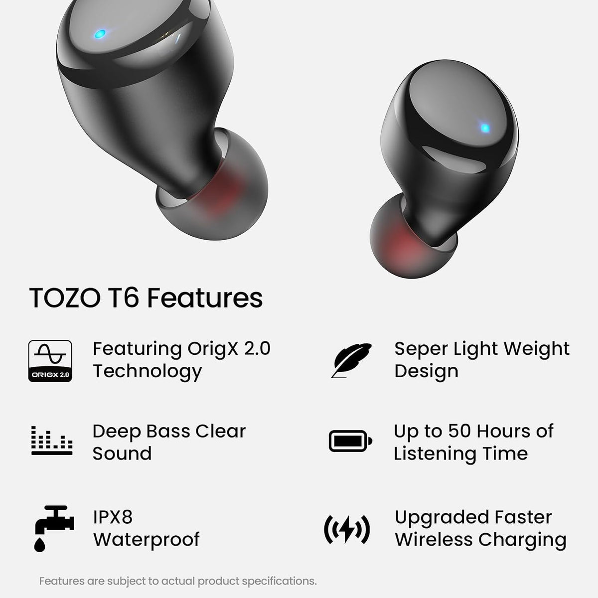 TOZO T6 Wireless Earbuds, Bluetooth 5.3 Ear Buds, Stereo Sound in Ear Headphones, 50H Playtime for Travel, Work and Calls, Wireless Charging, AI Clear Call, APP Customizable EQs, IPX8 Earphones
