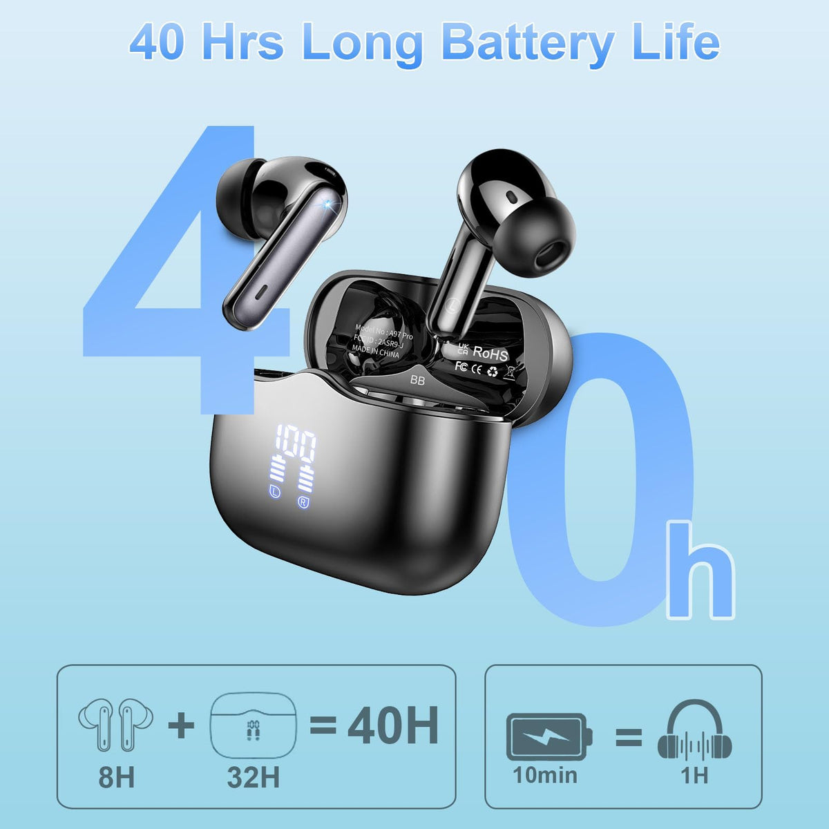 Wireless Earbuds Bluetooth 5.4 Headphones 6D Stereo, 40H In‑Ear Earphones
