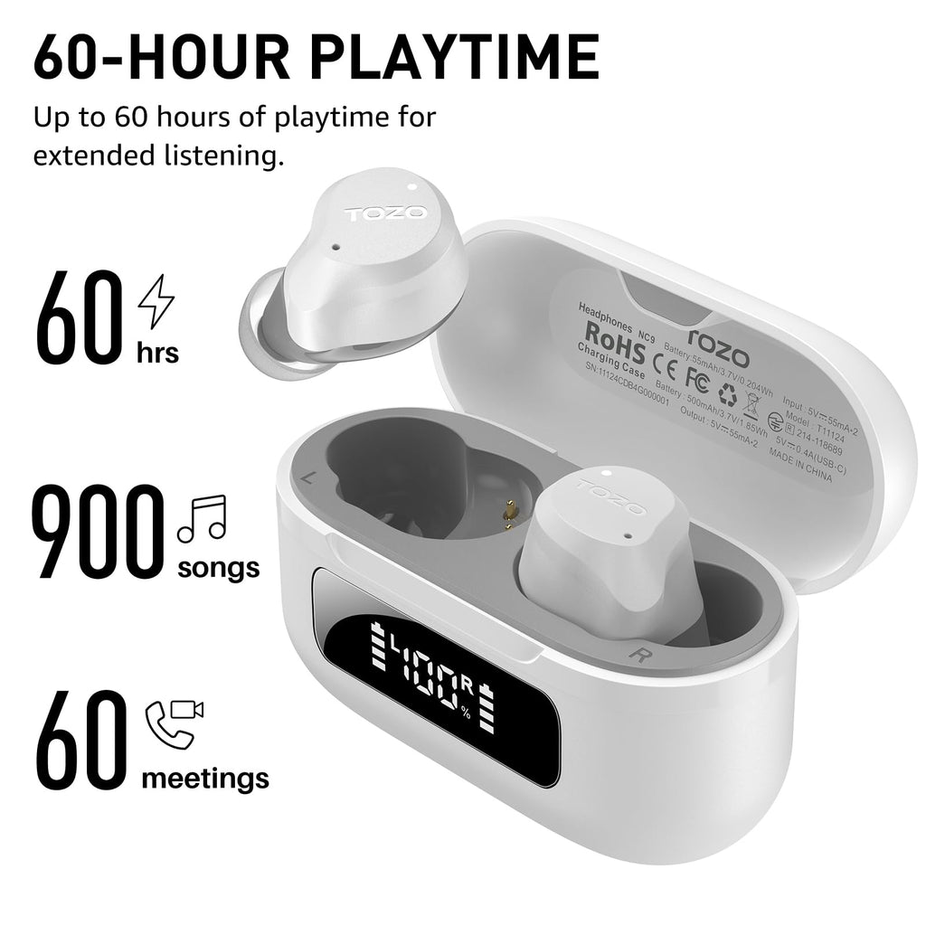 TOZO NC9 Hybrid Active Noise Cancelling Wireless Earbuds, 60H, LED Display