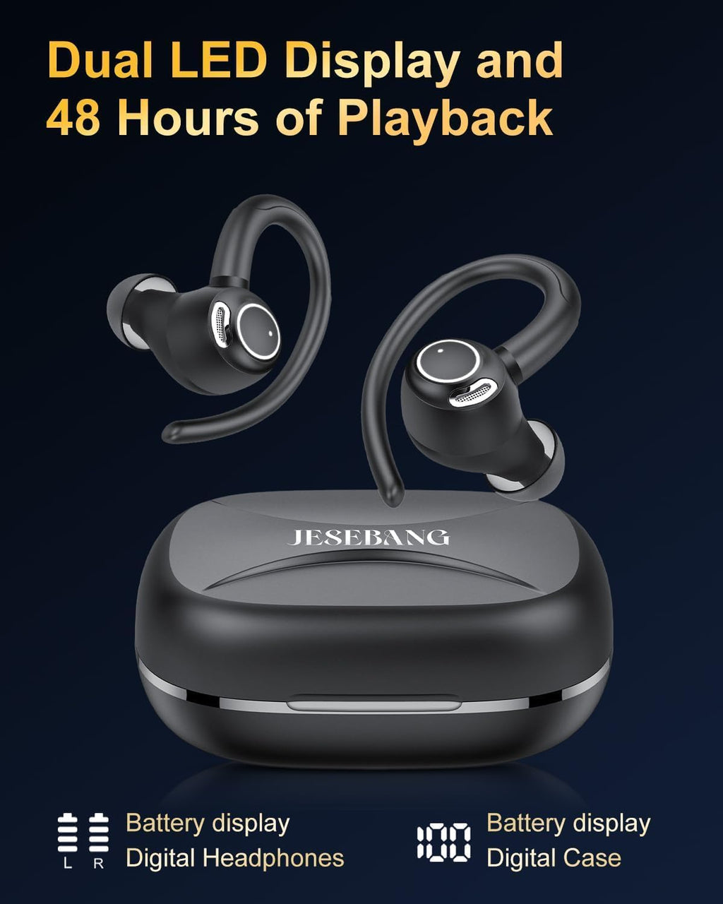Sports Wireless Earbuds with EarHooks HiFi Stereo Sound with ENC Mic, Black