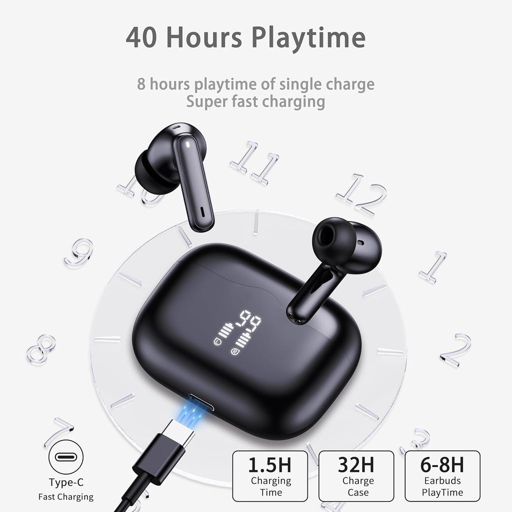 Wireless Earbuds Bluetooth 5.4 Headphones 6D Stereo, 40H In‑Ear Earphones