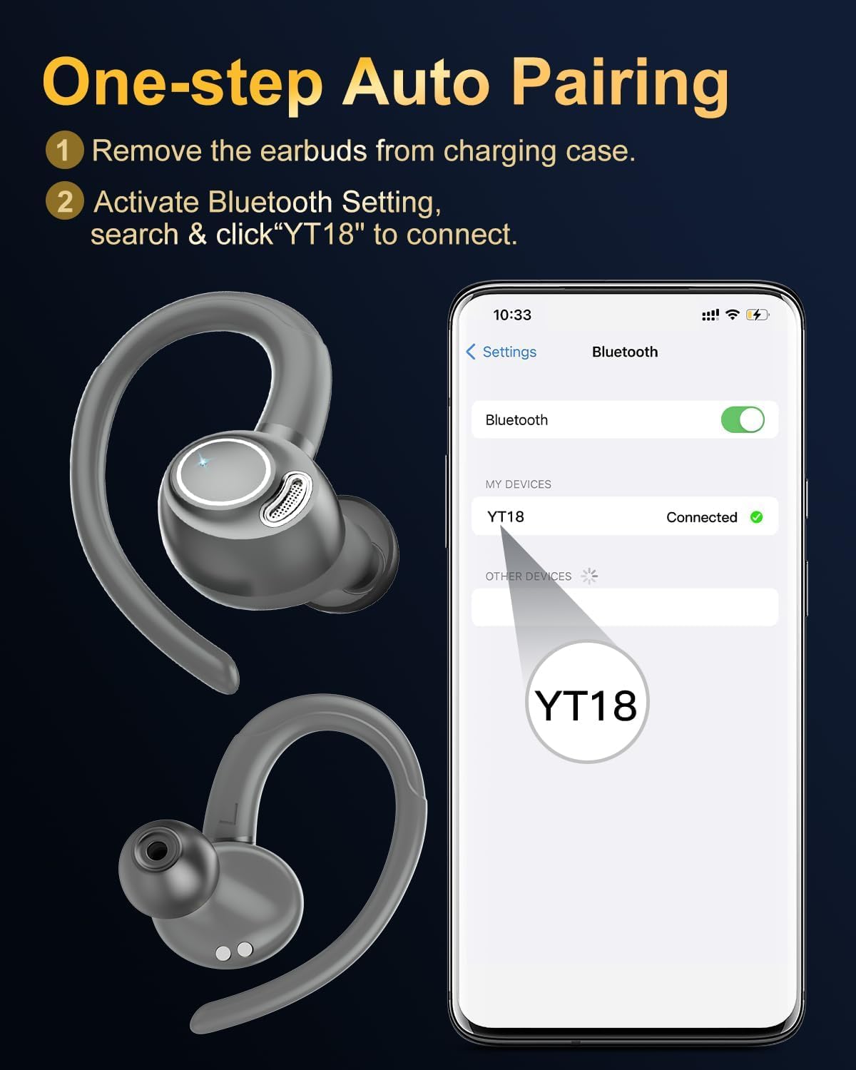 Sports Wireless Earbuds with EarHooks HiFi Stereo Sound with ENC Mic, Black
