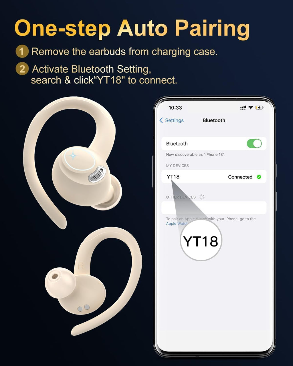 Sports Wireless Earbuds with EarHooks HiFi Stereo Sound with ENC Mic, Black