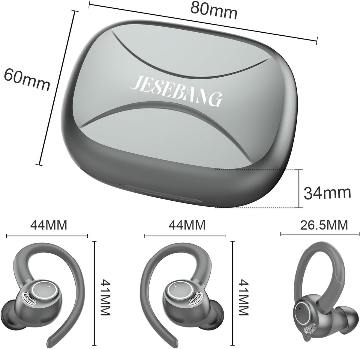 Sports Wireless Earbuds with EarHooks HiFi Stereo Sound with ENC Mic, Black