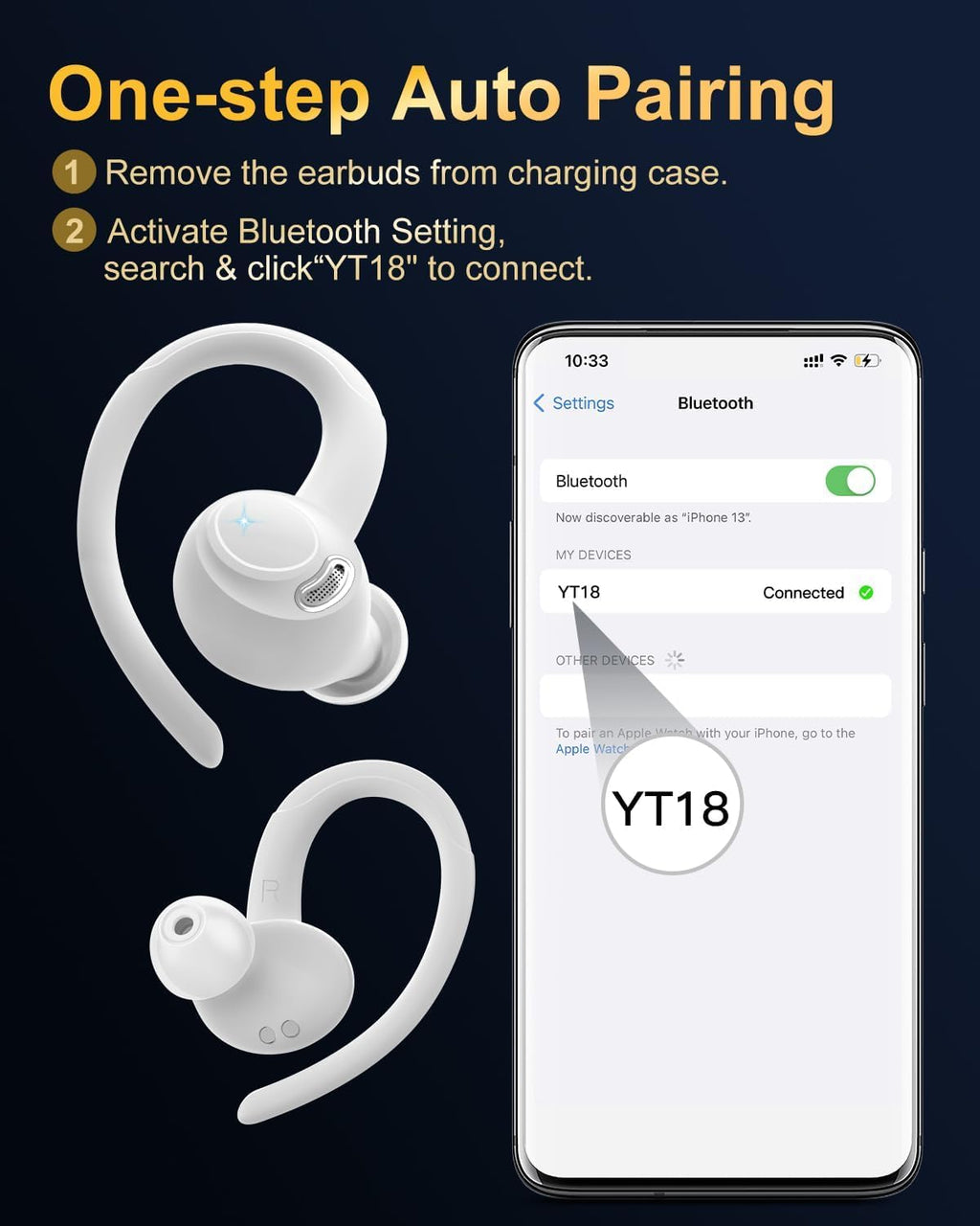 Sports Wireless Earbuds with EarHooks HiFi Stereo Sound with ENC Mic, Black