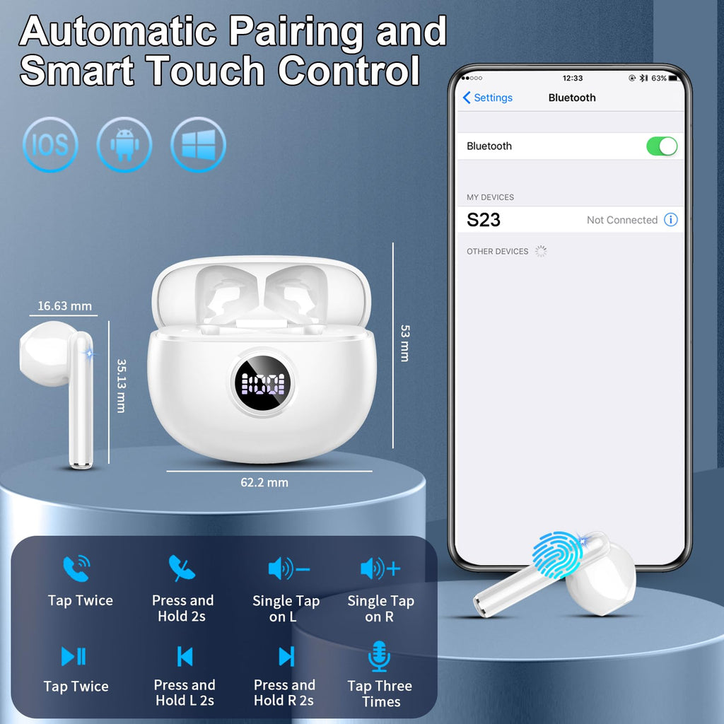 Wireless Earbuds, NEW Mini Bluetooth 5.4 Headphones In Ear with Deep Bass
