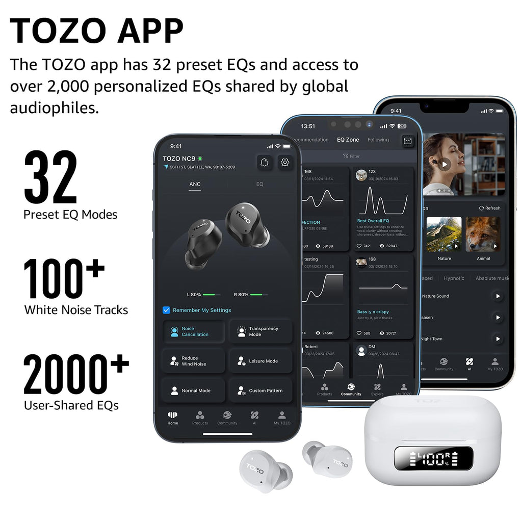 TOZO NC9 Hybrid Active Noise Cancelling Wireless Earbuds, 60H, LED Display
