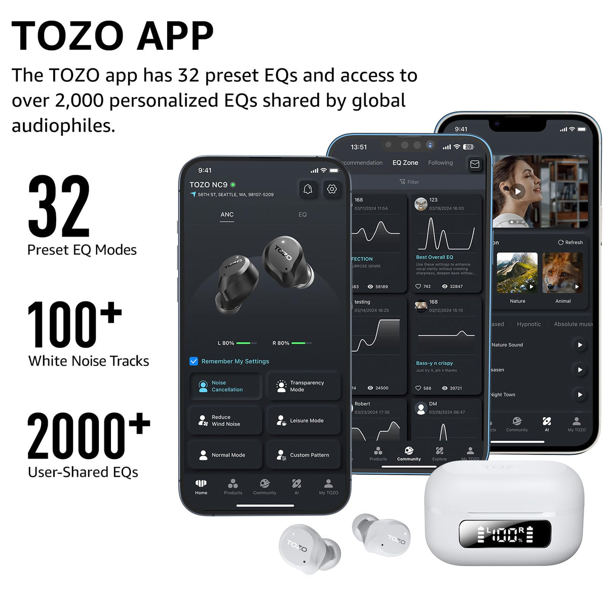 TOZO NC9 Hybrid Active Noise Cancelling Wireless Earbuds, 60H, LED Display
