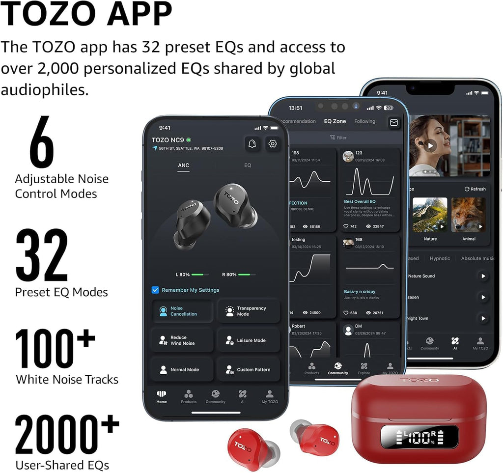TOZO NC9 Hybrid Active Noise Cancelling Wireless Earbuds, 60H, LED Display