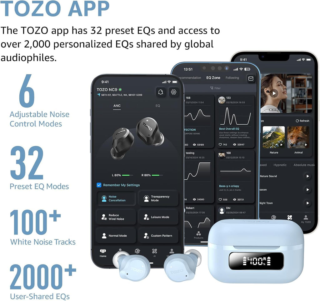 TOZO NC9 Hybrid Active Noise Cancelling Wireless Earbuds, 60H, LED Display