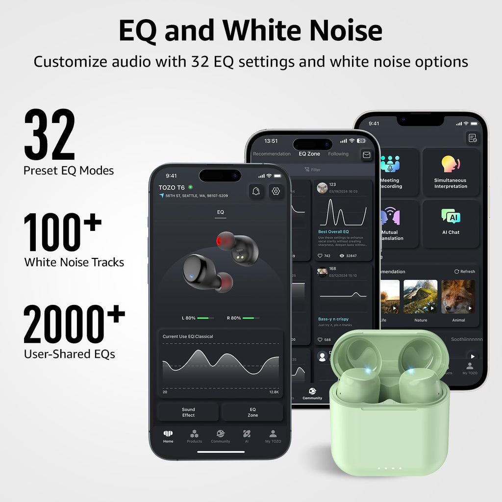 TOZO T6 Wireless Earbuds, Bluetooth 5.3 Ear Buds, Stereo Sound in Ear Headphones, 50H Playtime for Travel, Work and Calls, Wireless Charging, AI Clear Call, APP Customizable EQs, IPX8 Earphones