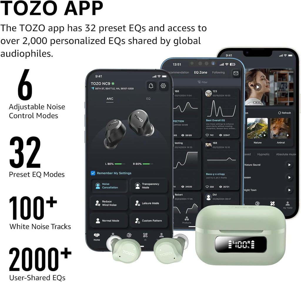 TOZO NC9 Hybrid Active Noise Cancelling Wireless Earbuds, 60H, LED Display