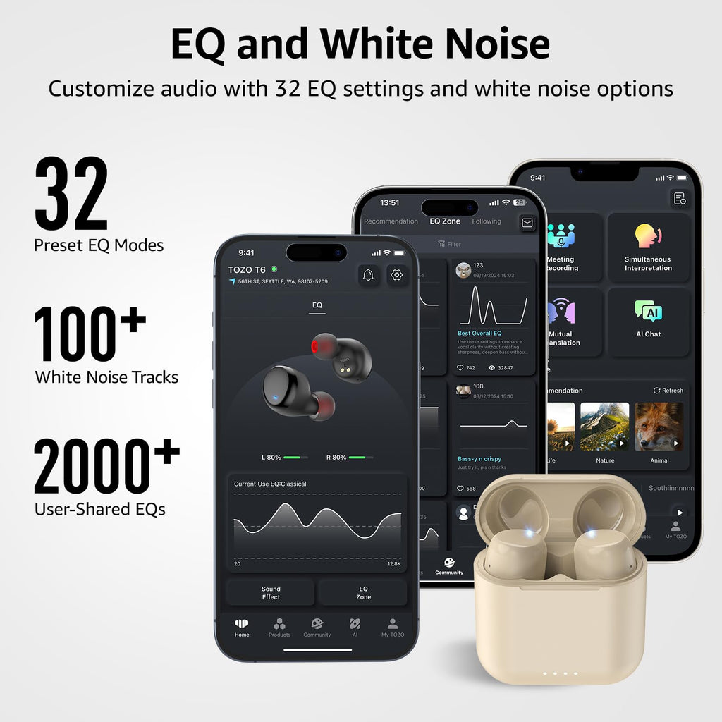 TOZO T6 Wireless Earbuds, Bluetooth 5.3 Ear Buds, Stereo Sound in Ear Headphones, 50H Playtime for Travel, Work and Calls, Wireless Charging, AI Clear Call, APP Customizable EQs, IPX8 Earphones