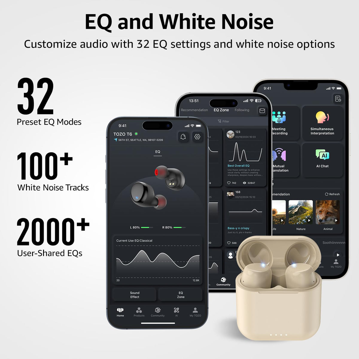 TOZO T6 Wireless Earbuds, Bluetooth 5.3 Ear Buds, Stereo Sound in Ear Headphones, 50H Playtime for Travel, Work and Calls, Wireless Charging, AI Clear Call, APP Customizable EQs, IPX8 Earphones