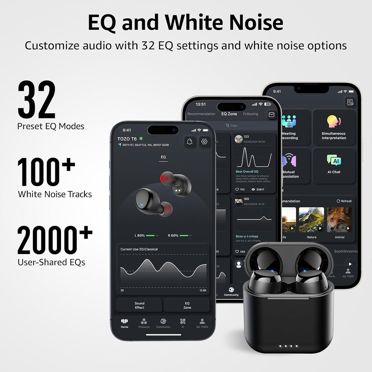 TOZO T6 Wireless Earbuds, Bluetooth 5.3 Ear Buds, Stereo Sound in Ear Headphones, 50H Playtime for Travel, Work and Calls, Wireless Charging, AI Clear Call, APP Customizable EQs, IPX8 Earphones
