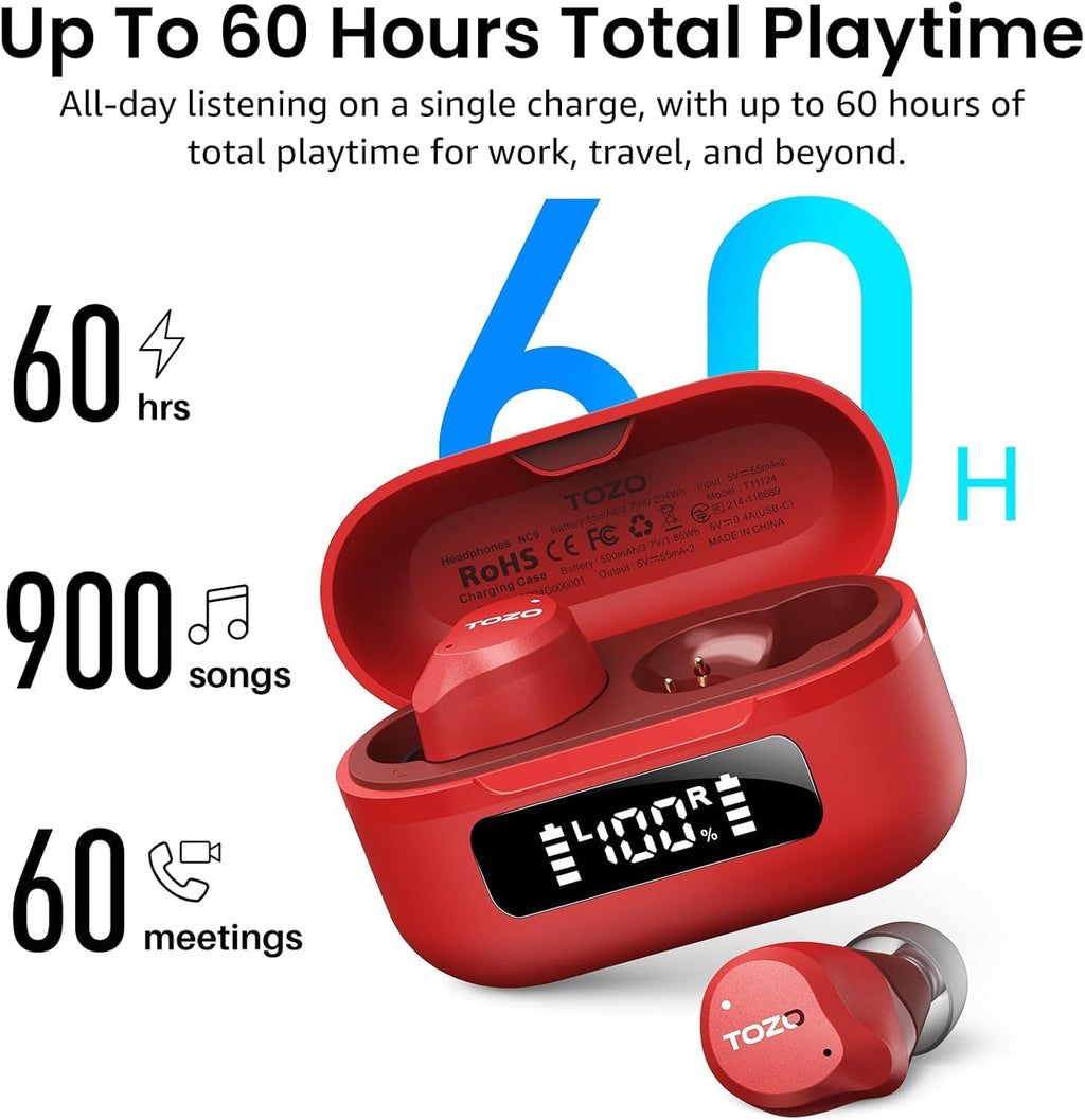 TOZO NC9 Hybrid Active Noise Cancelling Wireless Earbuds, 60H, LED Display
