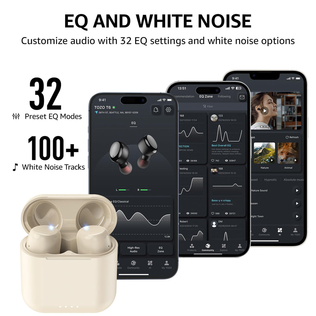 TOZO T6 Wireless Earbuds, Bluetooth 5.3 Ear Buds, Stereo Sound in Ear Headphones, 50H Playtime for Travel, Work and Calls, Wireless Charging, AI Clear Call, APP Customizable EQs, IPX8 Earphones