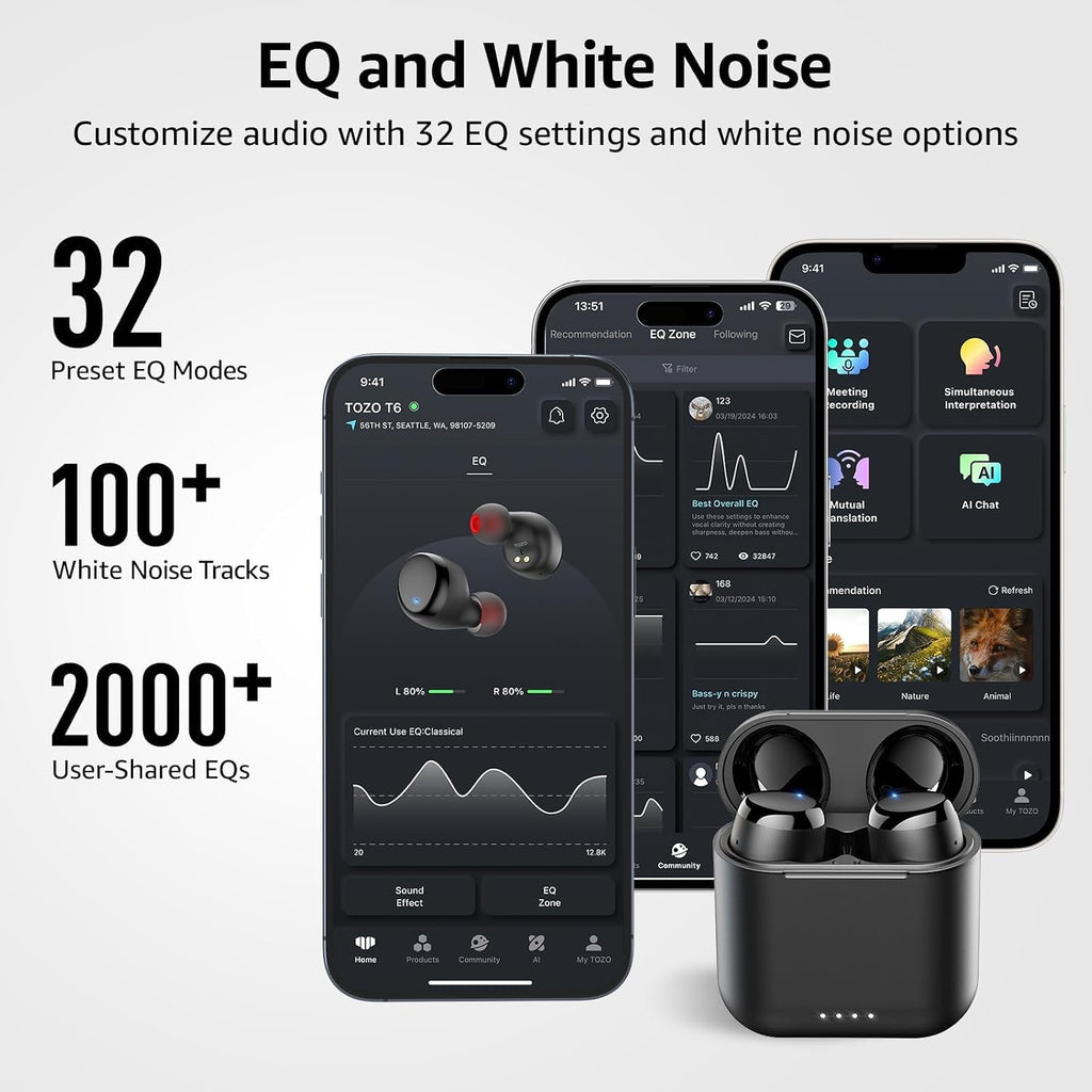 TOZO T6 Wireless Earbuds, Bluetooth 5.3 Ear Buds, Stereo Sound in Ear Headphones, 50H Playtime for Travel, Work and Calls, Wireless Charging, AI Clear Call, APP Customizable EQs, IPX8 Earphones