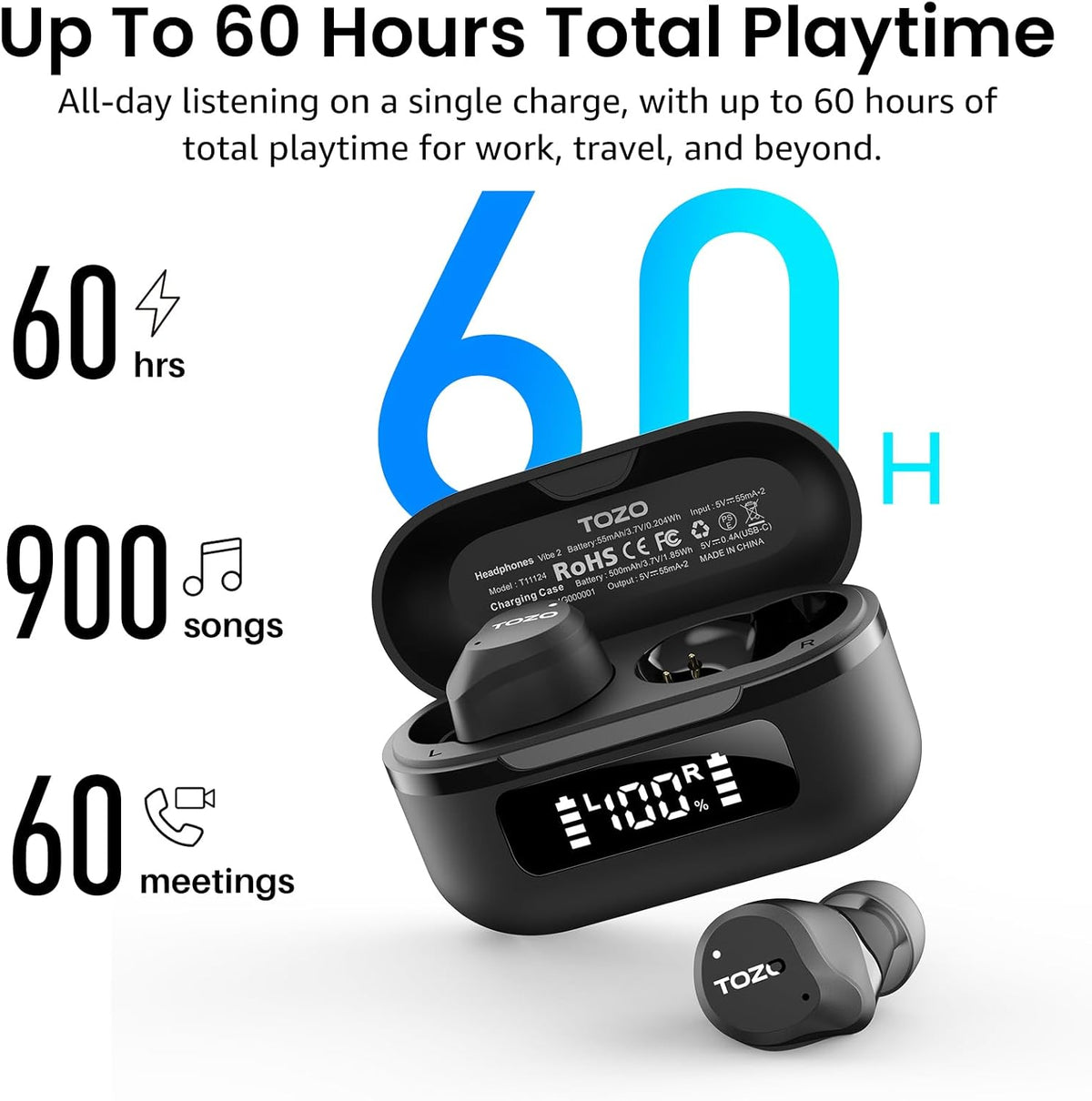 TOZO NC9 Hybrid Active Noise Cancelling Wireless Earbuds, 60H, LED Display