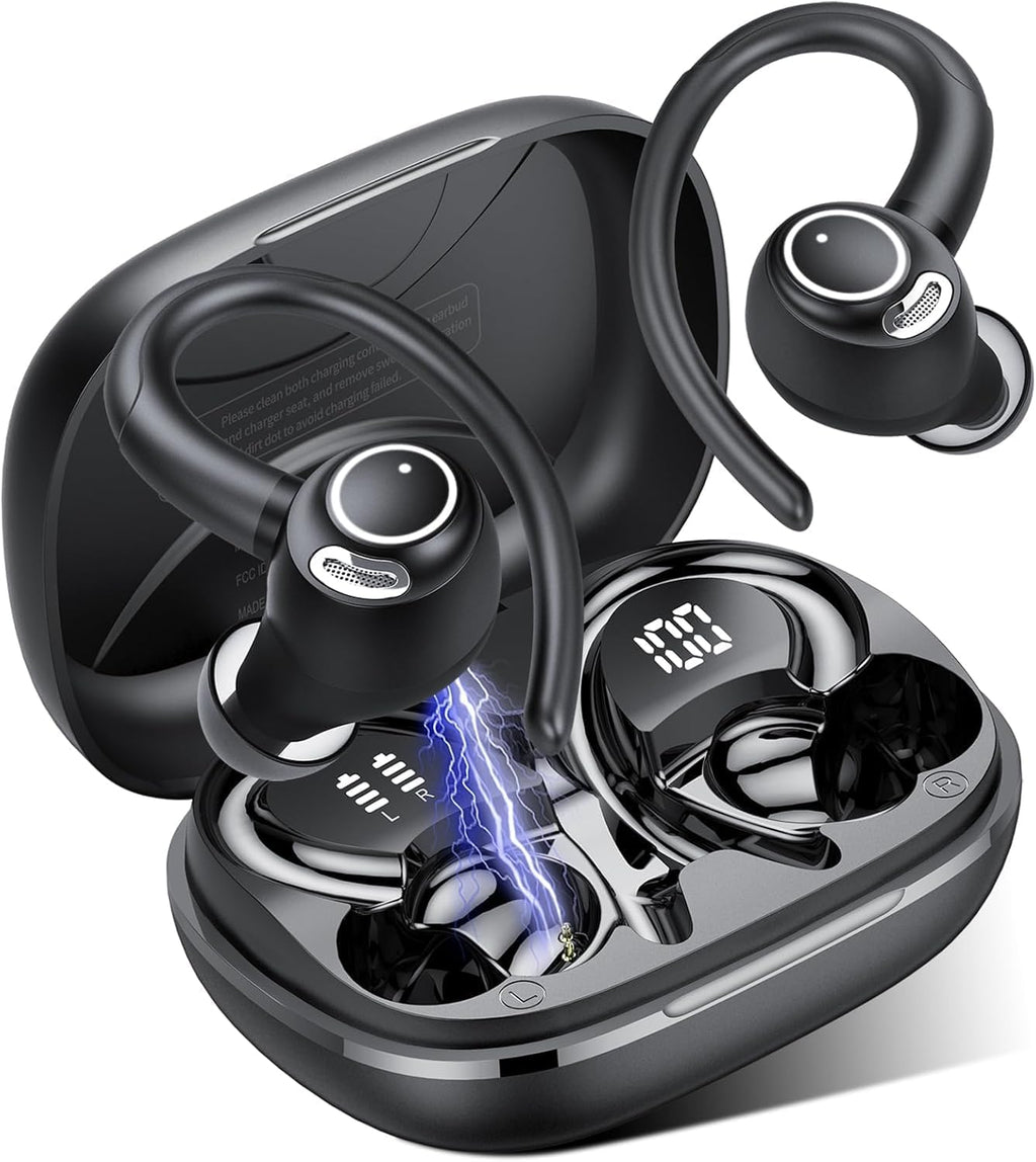 Sports Wireless Earbuds with EarHooks HiFi Stereo Sound with ENC Mic, Black