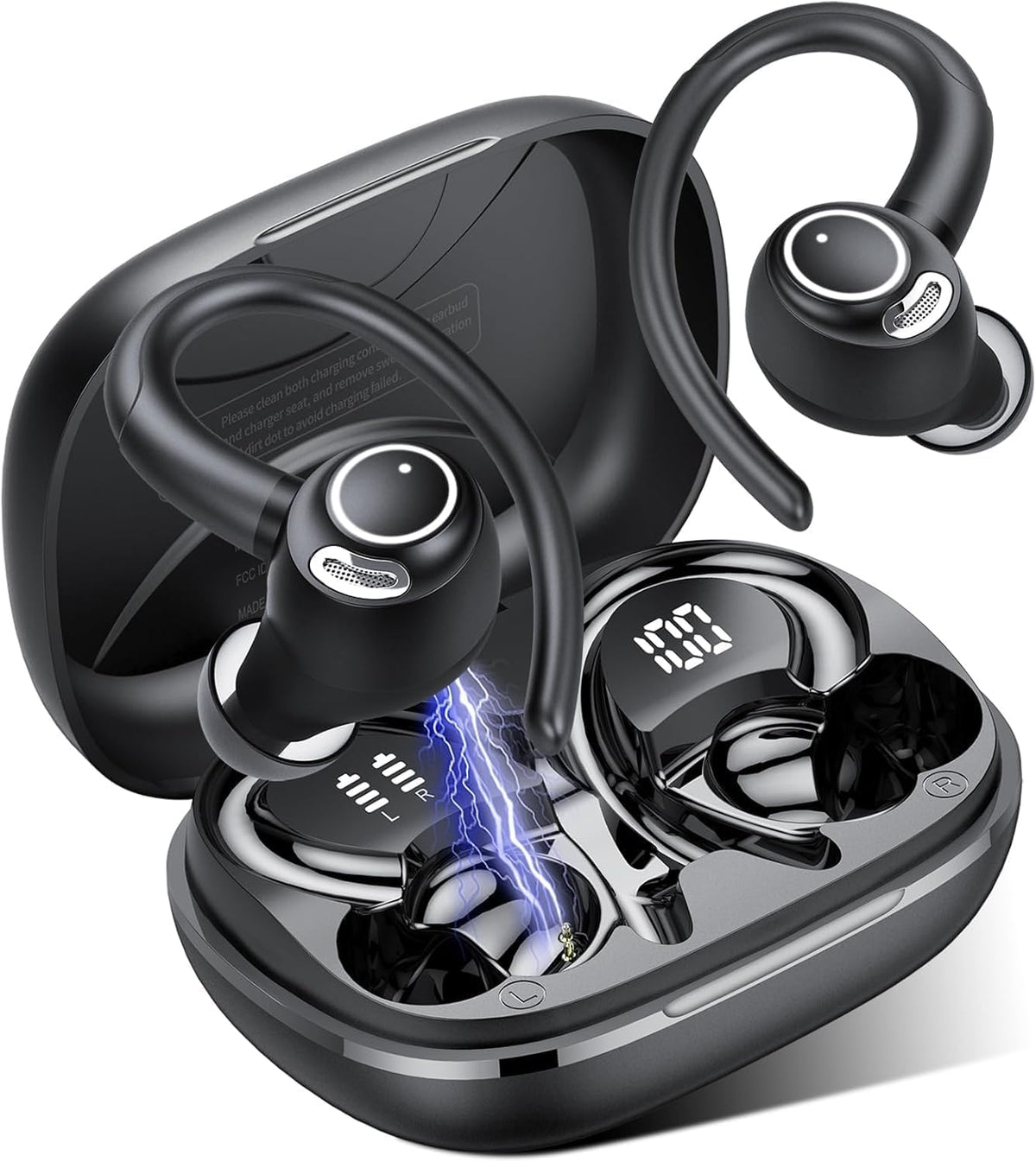 Sports Wireless Earbuds with EarHooks HiFi Stereo Sound with ENC Mic, Black