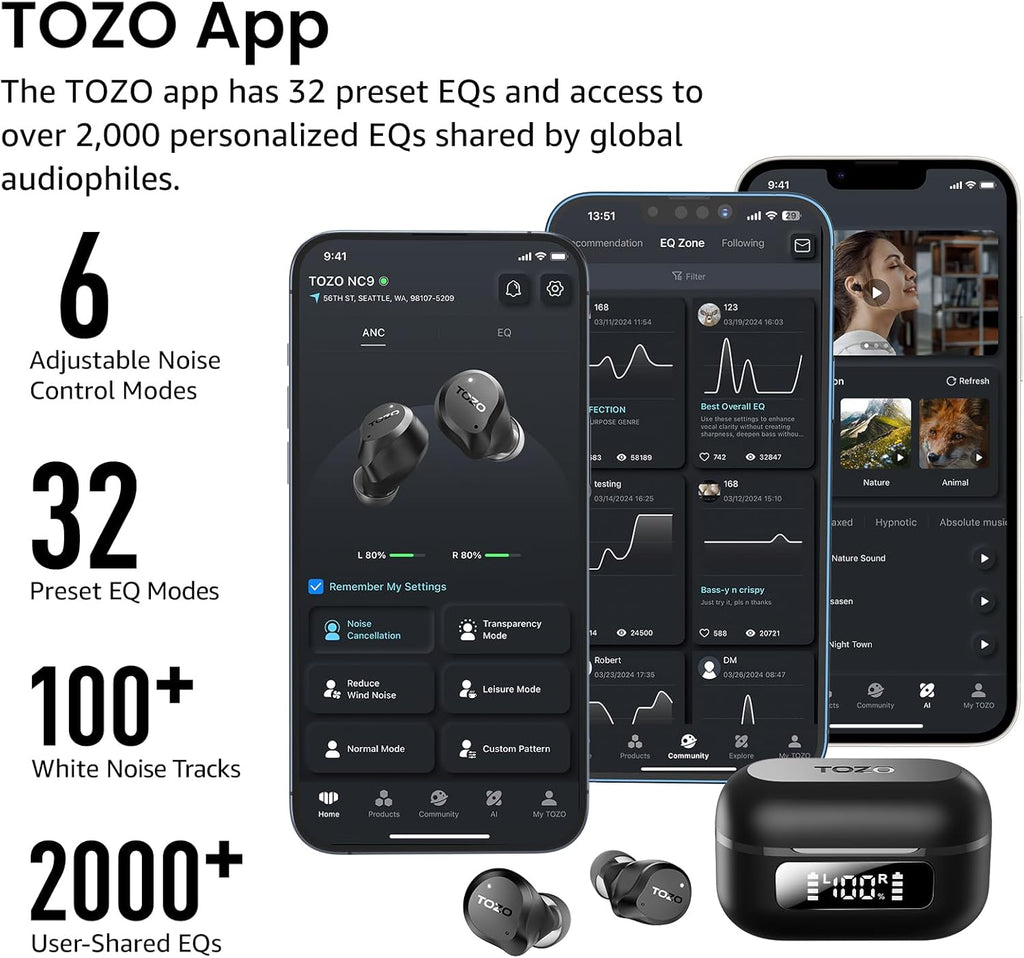 TOZO NC9 Hybrid Active Noise Cancelling Wireless Earbuds, 60H, LED Display