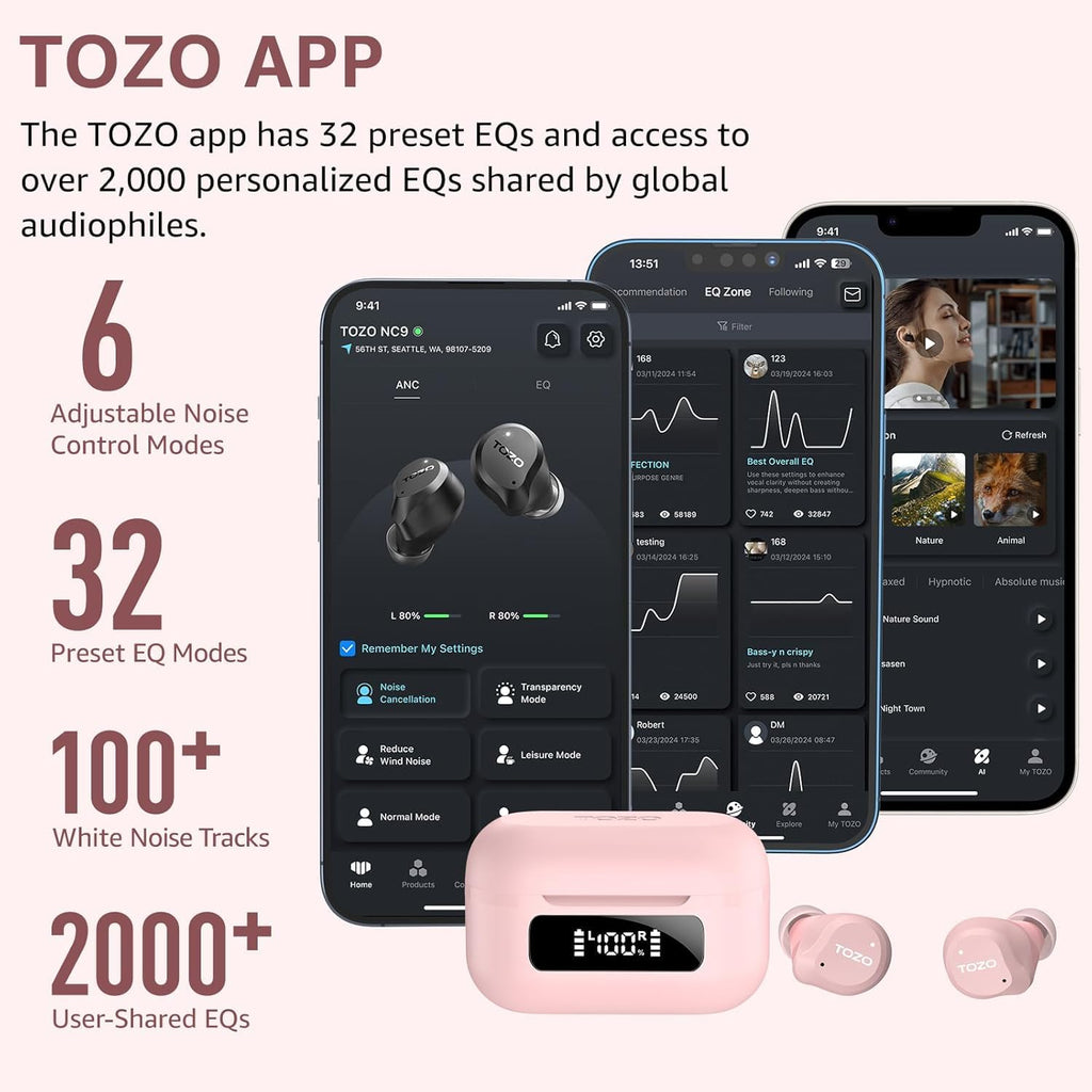 TOZO NC9 Hybrid Active Noise Cancelling Wireless Earbuds, 60H, LED Display