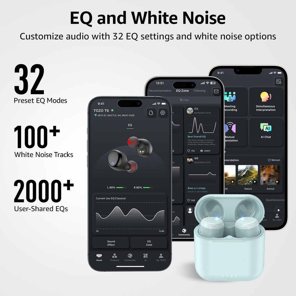 TOZO T6 Wireless Earbuds, Bluetooth 5.3 Ear Buds, Stereo Sound in Ear Headphones, 50H Playtime for Travel, Work and Calls, Wireless Charging, AI Clear Call, APP Customizable EQs, IPX8 Earphones