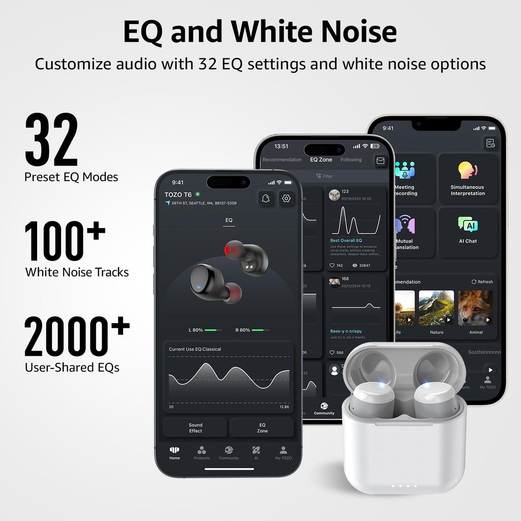 TOZO T6 Wireless Earbuds, Bluetooth 5.3 Ear Buds, Stereo Sound in Ear Headphones, 50H Playtime for Travel, Work and Calls, Wireless Charging, AI Clear Call, APP Customizable EQs, IPX8 Earphones